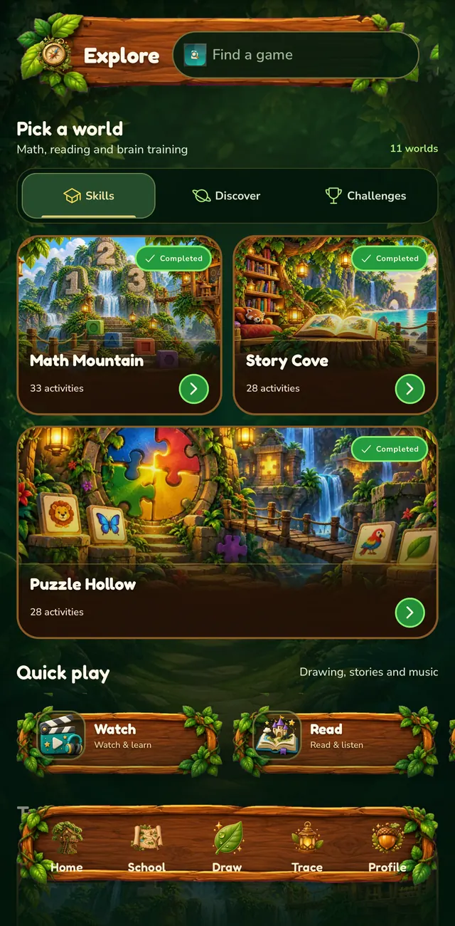 The Explore screen with eleven worlds to pick from