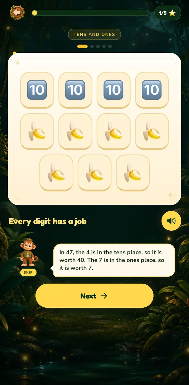 A Jungle School math lesson about tens and ones, with Skip the monkey explaining