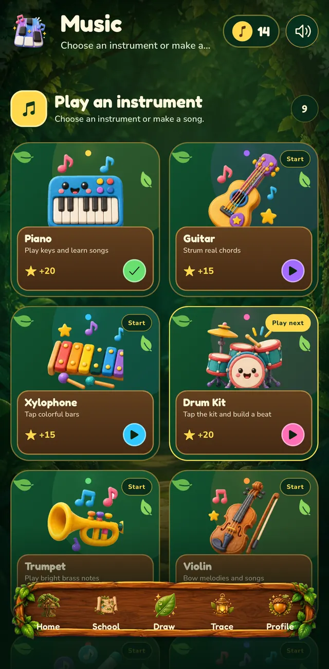 The Music hub with playable instruments