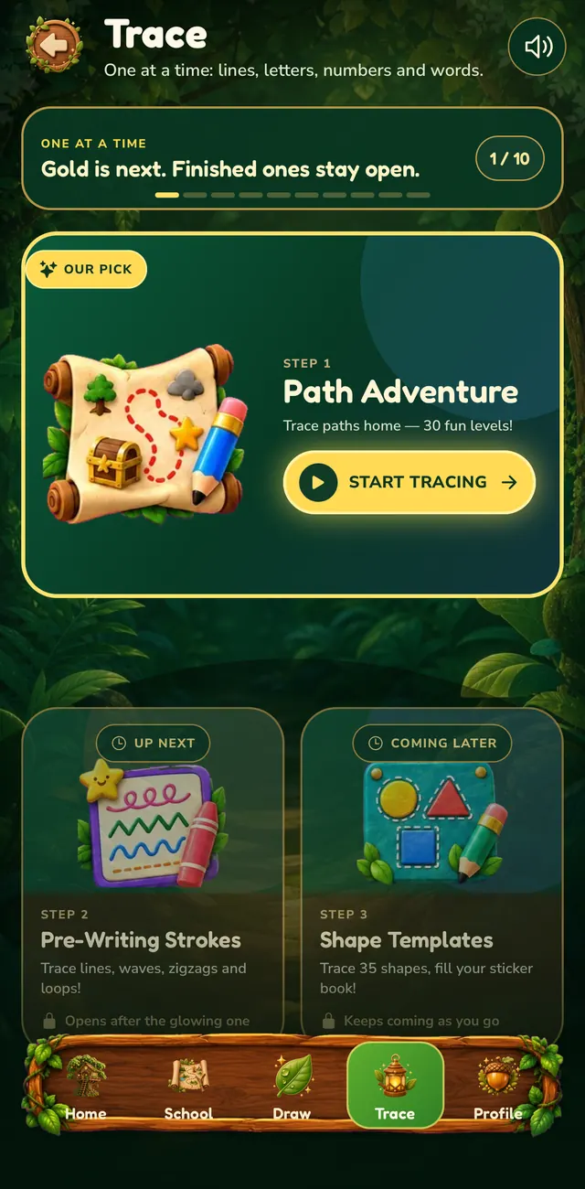 The Trace hub showing Path Adventure and Pre-Writing Strokes